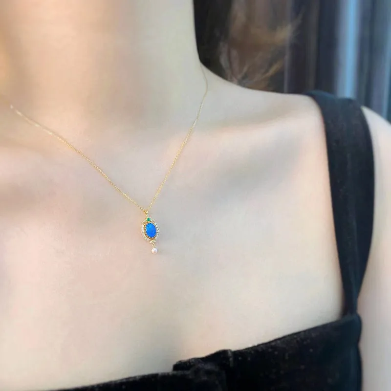18K Gold Marquise Cut Natural Opal Emerald Akoya Pearl Pendant Necklace