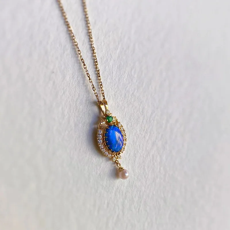 18K Gold Marquise Cut Natural Opal Emerald Akoya Pearl Pendant Necklace