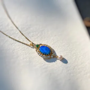 18K Gold Marquise Cut Natural Opal Emerald Akoya Pearl Pendant Necklace