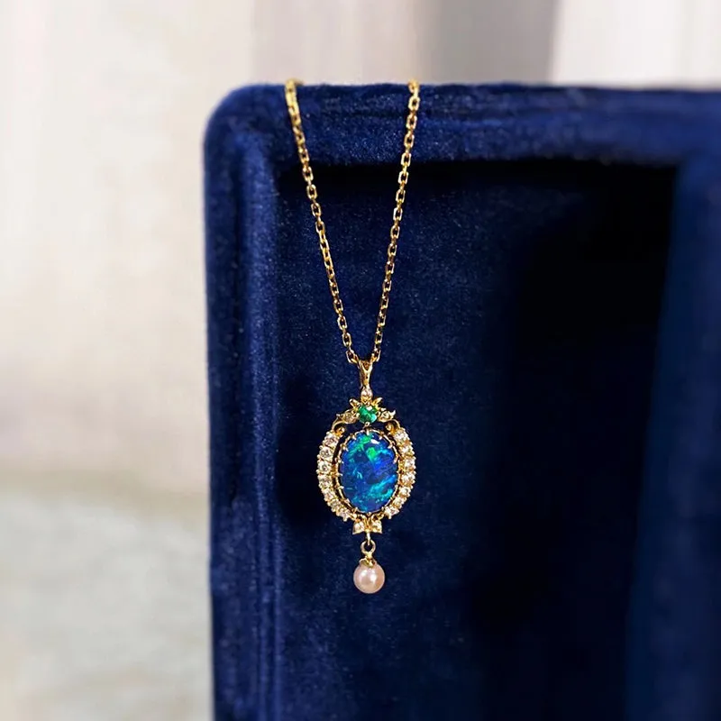 18K Gold Marquise Cut Natural Opal Emerald Akoya Pearl Pendant Necklace