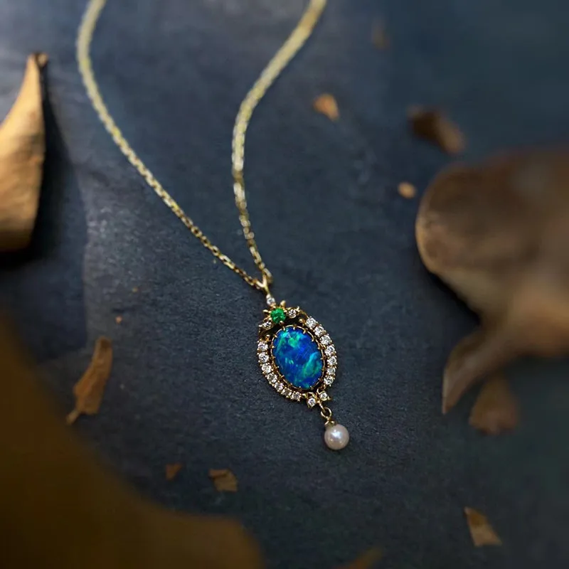 18K Gold Marquise Cut Natural Opal Emerald Akoya Pearl Pendant Necklace