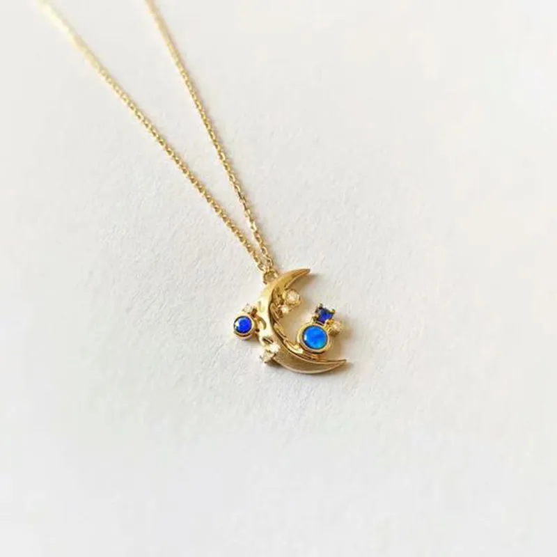 18K Gold Natural Opal Diamond Sapphire Moon Shape Pendant Necklace 18"