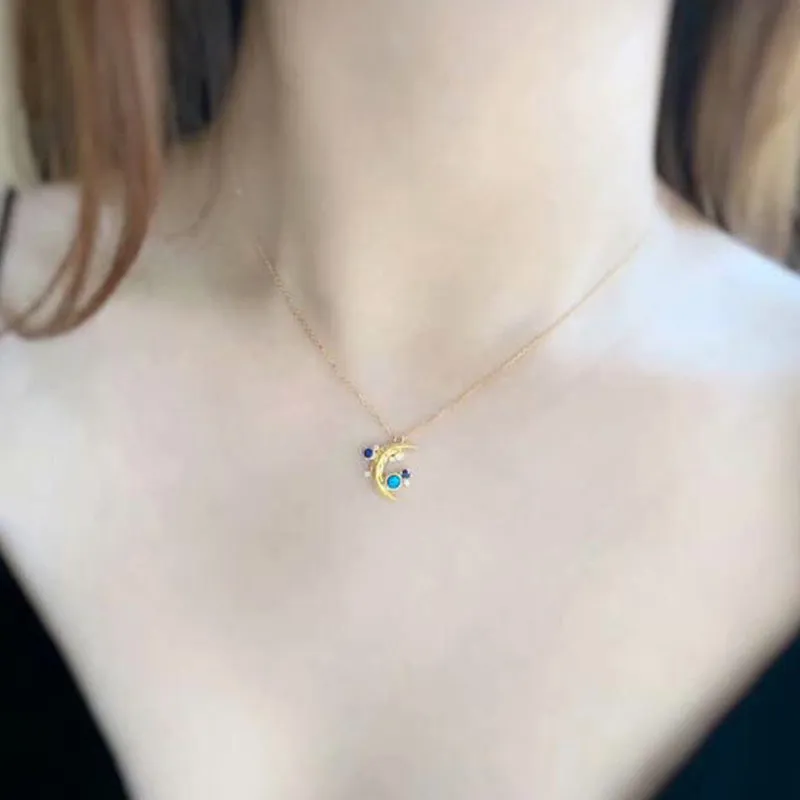 18K Gold Natural Opal Diamond Sapphire Moon Shape Pendant Necklace 18"