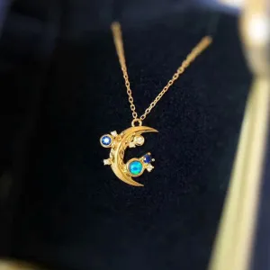 18K Gold Natural Opal Diamond Sapphire Moon Shape Pendant Necklace 18"