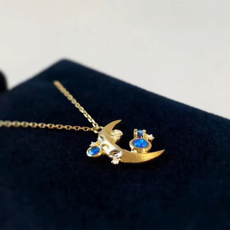 18K Gold Natural Opal Diamond Sapphire Moon Shape Pendant Necklace 18"