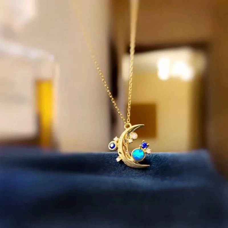 18K Gold Natural Opal Diamond Sapphire Moon Shape Pendant Necklace 18"