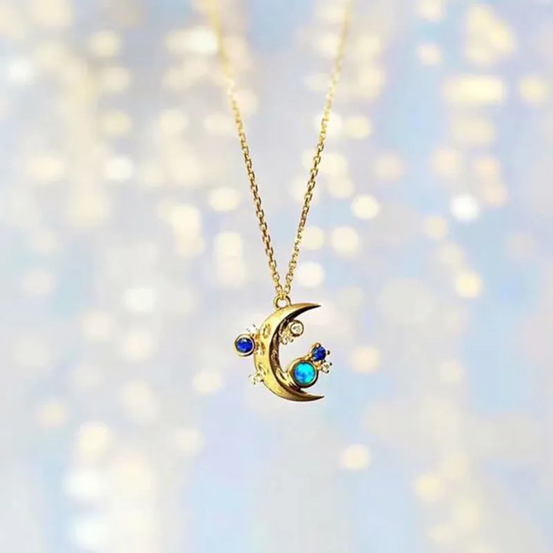 18K Gold Natural Opal Diamond Sapphire Moon Shape Pendant Necklace 18"