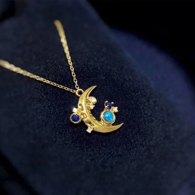 18K Gold Natural Opal Diamond Sapphire Moon Shape Pendant Necklace 18"