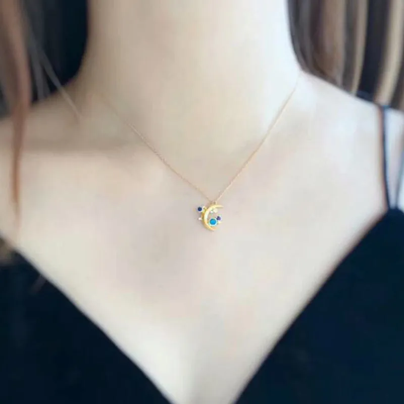 18K Gold Natural Opal Diamond Sapphire Moon Shape Pendant Necklace 18"