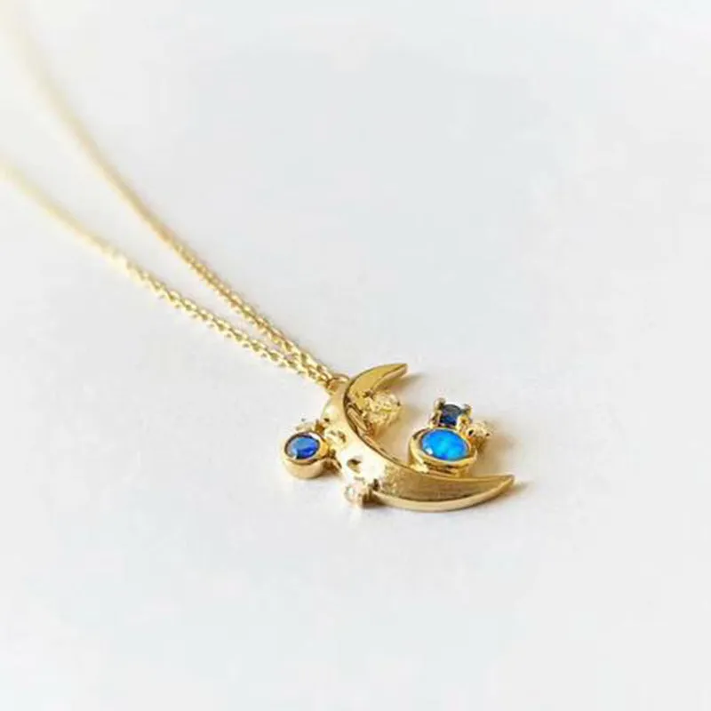 18K Gold Natural Opal Diamond Sapphire Moon Shape Pendant Necklace 18"