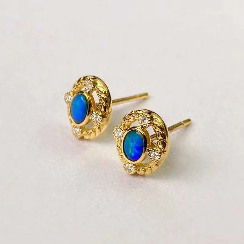 18K Gold Oval Cut 0.15ct Natural Opal Diamond Stud Earrings