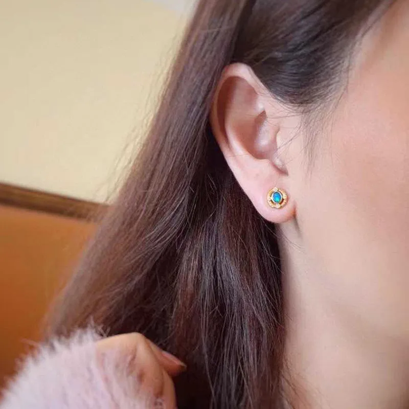 18K Gold Oval Cut 0.15ct Natural Opal Diamond Stud Earrings