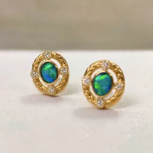 18K Gold Oval Cut 0.15ct Natural Opal Diamond Stud Earrings