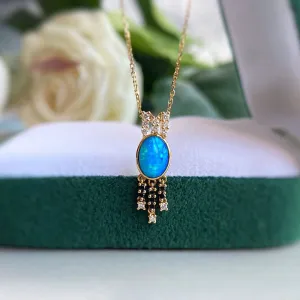 18K Gold Oval Cut 0.5ct Natural Opal Diamond Pendant Necklace 18"