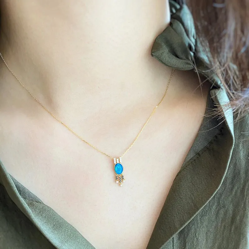18K Gold Oval Cut 0.5ct Natural Opal Diamond Pendant Necklace 18"