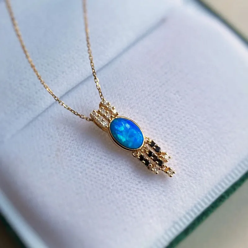18K Gold Oval Cut 0.5ct Natural Opal Diamond Pendant Necklace 18"