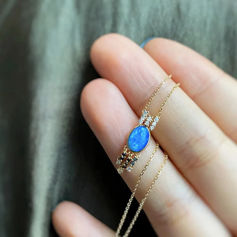 18K Gold Oval Cut 0.5ct Natural Opal Diamond Pendant Necklace 18"