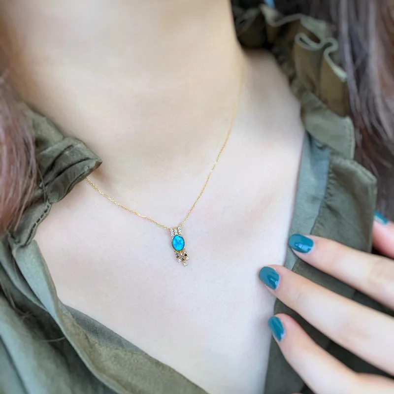 18K Gold Oval Cut 0.5ct Natural Opal Diamond Pendant Necklace 18"