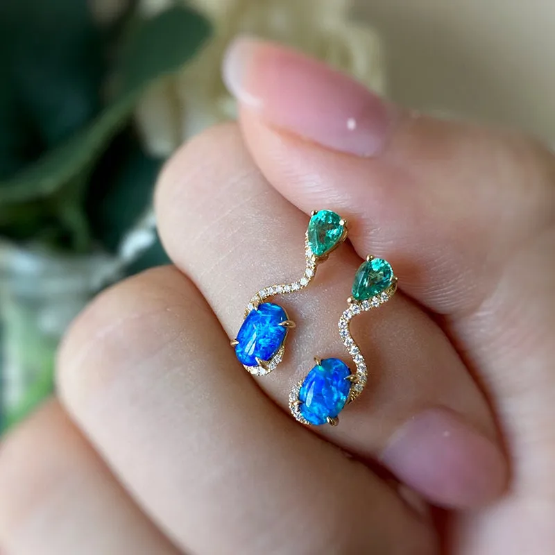 18K Gold Oval Cut 0.5ct Natural Opal Emerald Diamond Stud Earrings