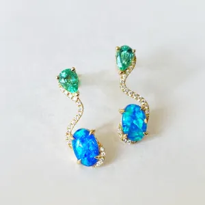18K Gold Oval Cut 0.5ct Natural Opal Emerald Diamond Stud Earrings