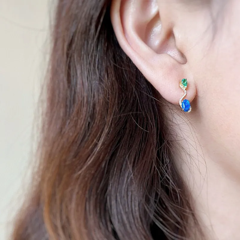 18K Gold Oval Cut 0.5ct Natural Opal Emerald Diamond Stud Earrings