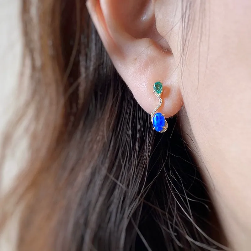 18K Gold Oval Cut 0.5ct Natural Opal Emerald Diamond Stud Earrings