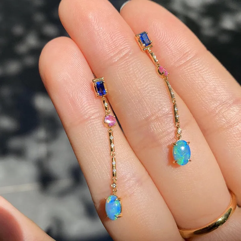 18K Gold Oval Cut 0.60ct Natural Opal Gemstone Drop Earrings