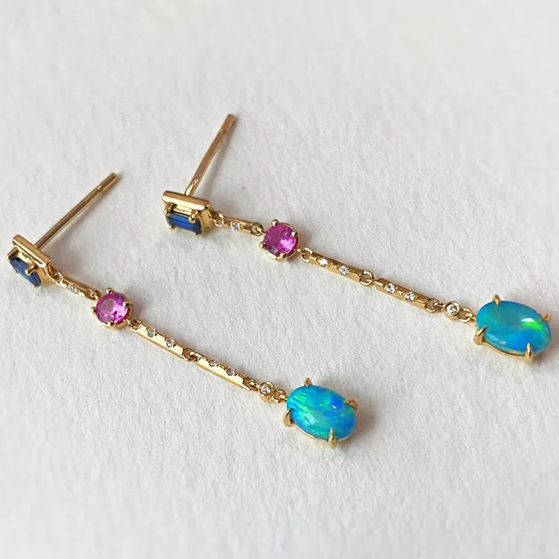 18K Gold Oval Cut 0.60ct Natural Opal Gemstone Drop Earrings