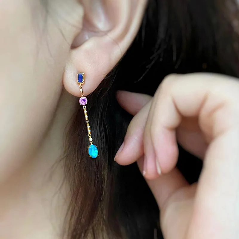 18K Gold Oval Cut 0.60ct Natural Opal Gemstone Drop Earrings