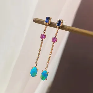 18K Gold Oval Cut 0.60ct Natural Opal Gemstone Drop Earrings