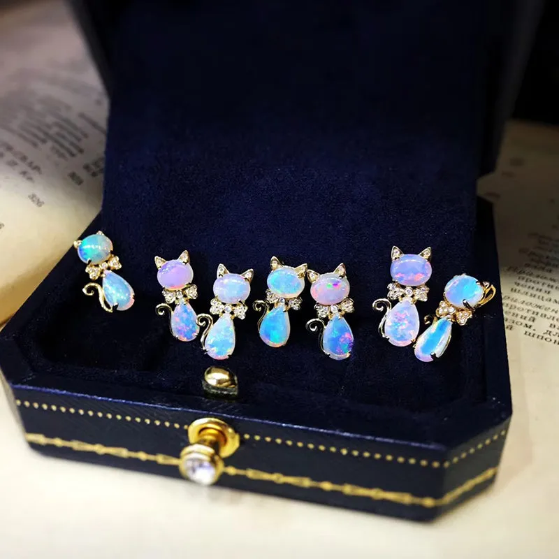 18K Gold Oval Cut  Natural Diamond Opal Elegant Cat Pendant Necklace