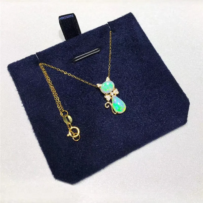 18K Gold Oval Cut  Natural Diamond Opal Elegant Cat Pendant Necklace