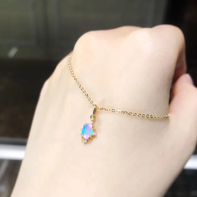 18K Gold Oval Cut Natural Diamond Opal Pendant Necklace