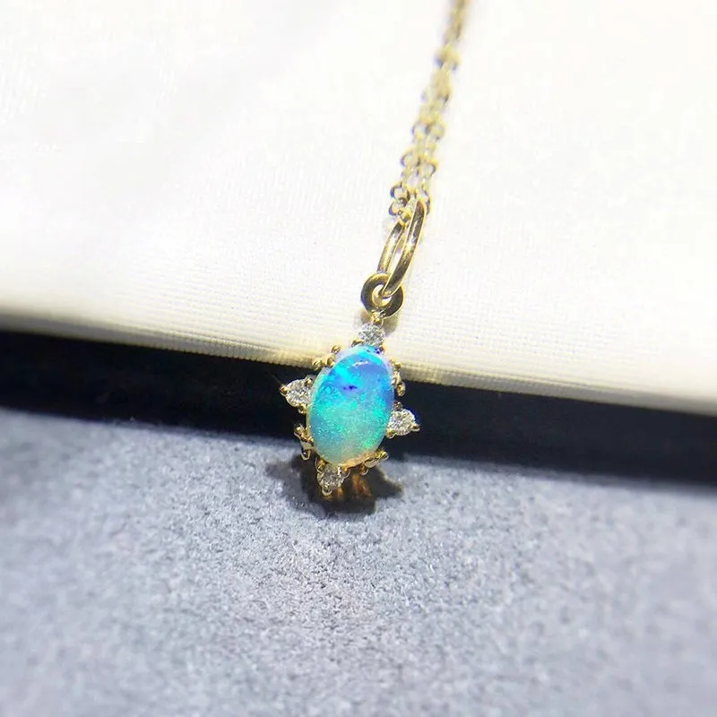 18K Gold Oval Cut Natural Diamond Opal Pendant Necklace