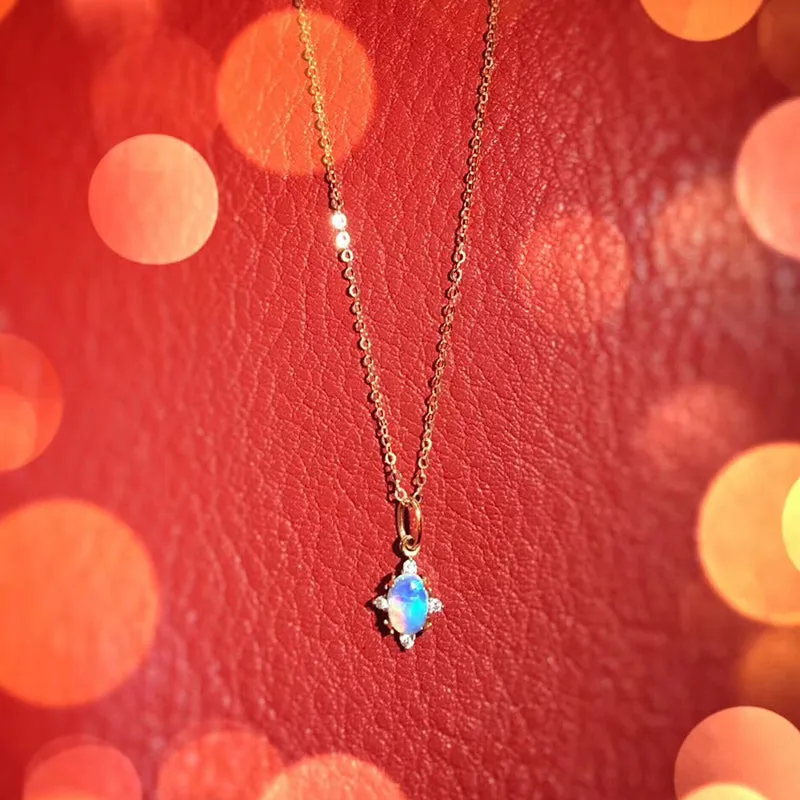 18K Gold Oval Cut Natural Diamond Opal Pendant Necklace
