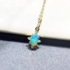 18K Gold Oval Cut Natural Diamond Opal Pendant Necklace