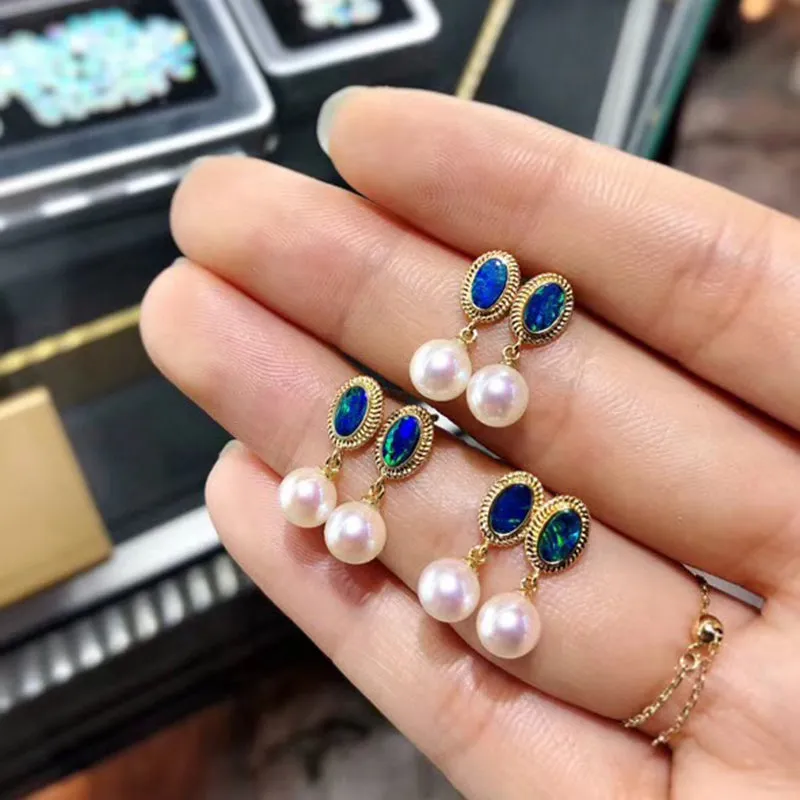 18K Gold Oval Cut Natural Opal Pearl Earrings