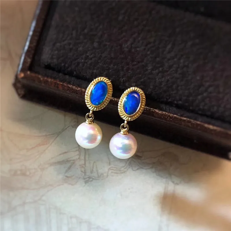 18K Gold Oval Cut Natural Opal Pearl Earrings