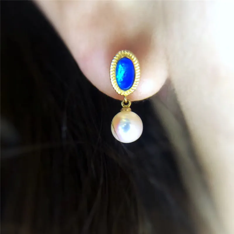 18K Gold Oval Cut Natural Opal Pearl Earrings