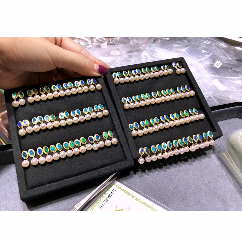 18K Gold Oval Cut Natural Opal Pearl Earrings
