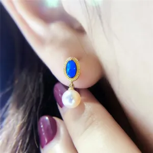 18K Gold Oval Cut Natural Opal Pearl Earrings
