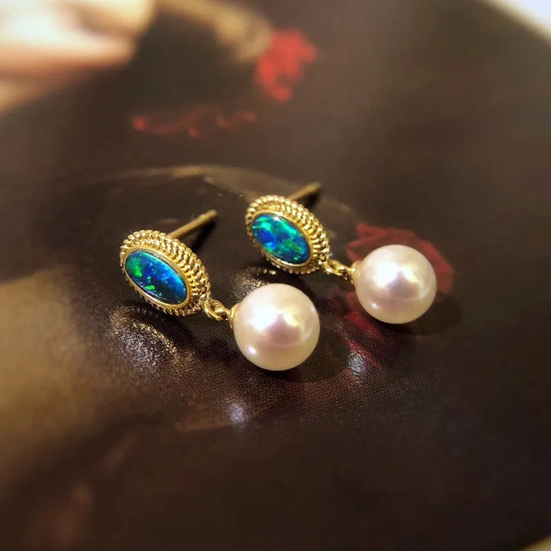 18K Gold Oval Shape 0.15ct Natural Opal &AKOYA Pearl Drop Earrings
