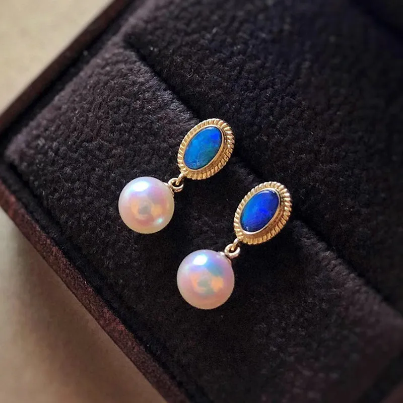 18K Gold Oval Shape 0.15ct Natural Opal &AKOYA Pearl Drop Earrings