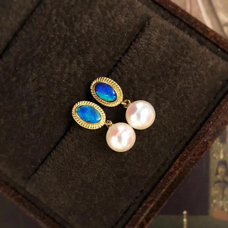 18K Gold Oval Shape 0.15ct Natural Opal &AKOYA Pearl Drop Earrings
