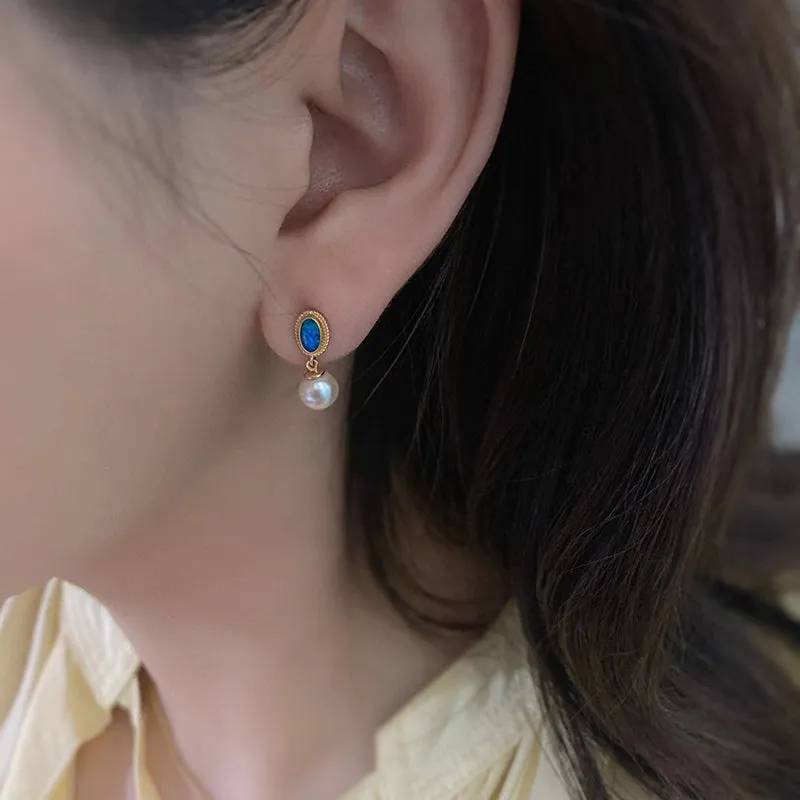 18K Gold Oval Shape 0.15ct Natural Opal &AKOYA Pearl Drop Earrings