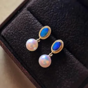 18K Gold Oval Shape 0.15ct Natural Opal &AKOYA Pearl Drop Earrings