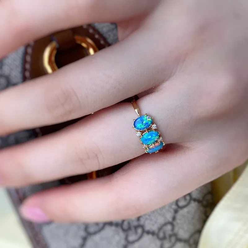 18K Gold Oval Shape 0.38ct Natural Opal Diamond Ring