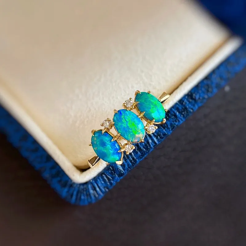 18K Gold Oval Shape 0.38ct Natural Opal Diamond Ring