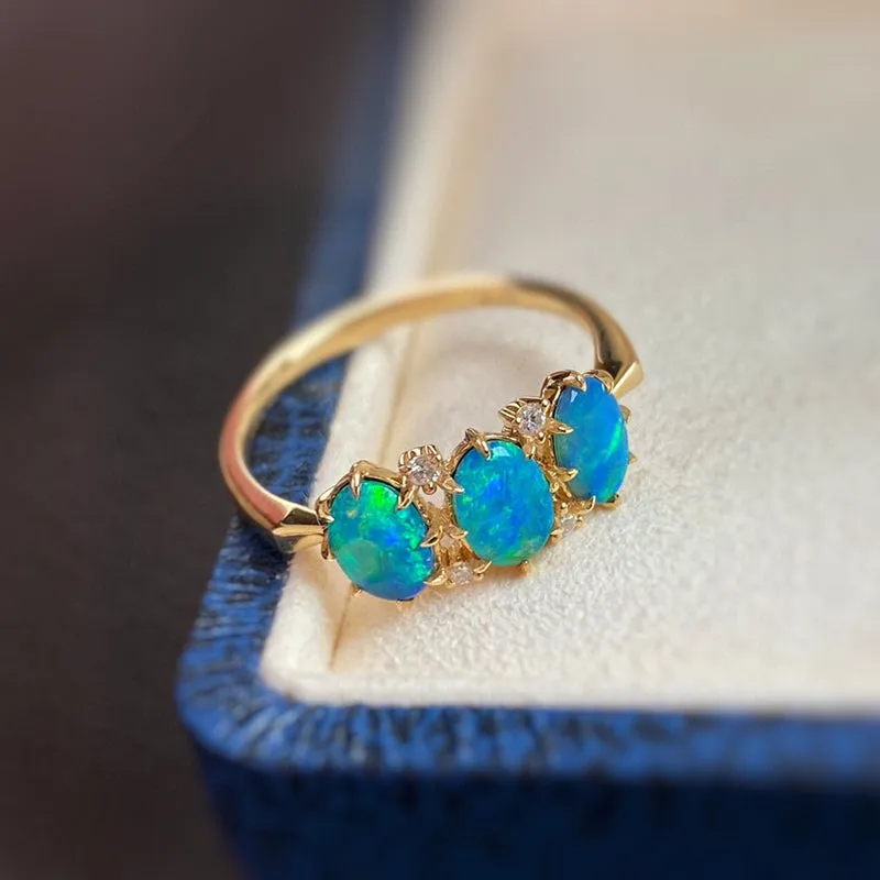 18K Gold Oval Shape 0.38ct Natural Opal Diamond Ring