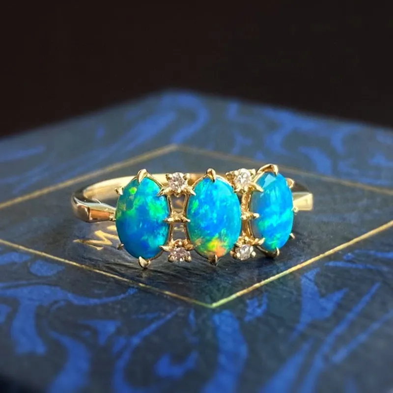 18K Gold Oval Shape 0.38ct Natural Opal Diamond Ring